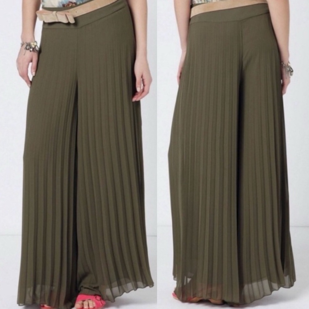 Anthropologie Elevenses Olive Pleated Wide Leg Palazzo Pants